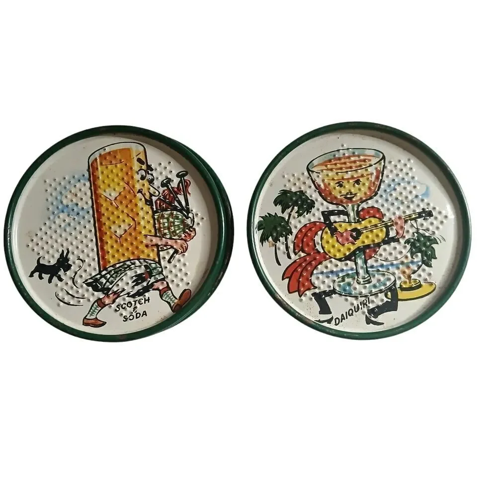 1950's Tin Litho Drink Coasters Scotch Soda Daiquiri Vintage 8 Set